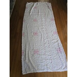 Chenille Bedspread Twin White Pink Green Floral Tufted 3 Sided Fringe